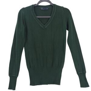 Zara Womens Hunter Green Knit Sweater Size M VNeck Ribbed Trim Academia Pullover